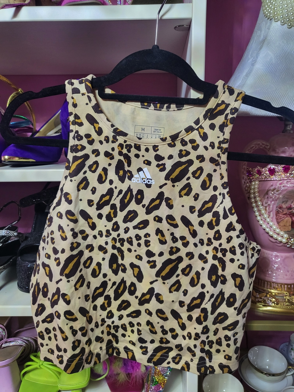adidas Leopard Print Crop Tank - Beige, Black & Brown